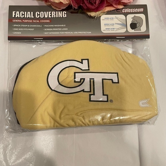 2 Pack Adult Colosseum Georgia Tech Yellow Jackets Logo Face Masks Covering - Picture 3 of 4